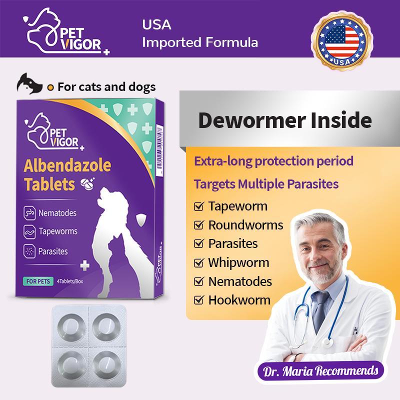 【Pet Vigor】 Albendazole Dewormer Tablets Chewables Deworming for Dogs & Cats USA Imported Formula Targets Tapeworms Roundworms Hookworms Parasite Treatment Anti Flea and Tick Treatment Repellent Anti-Flea Anti-Itching