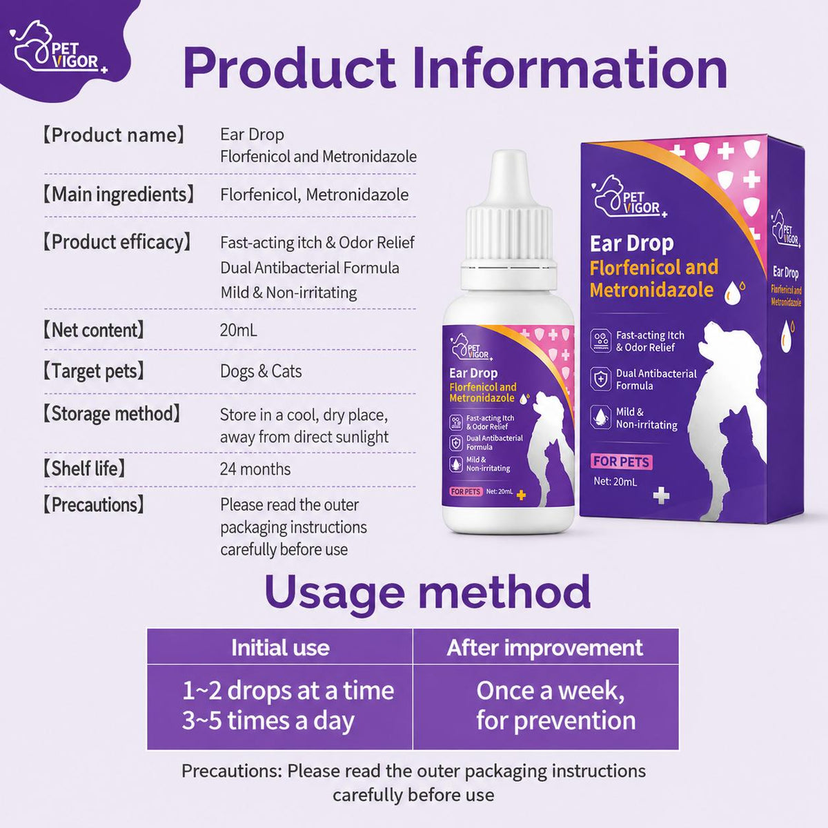 【Pet Vigor】20ml Pet Ear drops for otitis Fast-actingitch & Odor ReliefDual Antibacterial FormulaMild & Non-irritating Gentle Ear Care Solution anti-inflammatory and antibacterial properties Cats and Dogs