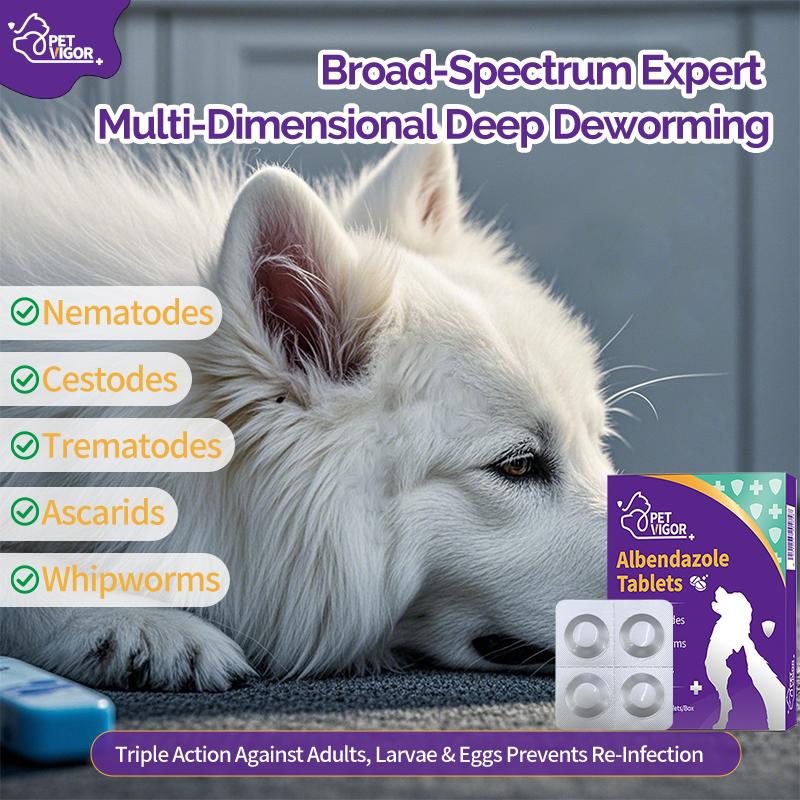 【Pet Vigor】 Albendazole Dewormer Tablets Chewables Deworming for Dogs & Cats USA Imported Formula Targets Tapeworms Roundworms Hookworms Parasite Treatment Anti Flea and Tick Treatment Repellent Anti-Flea Anti-Itching