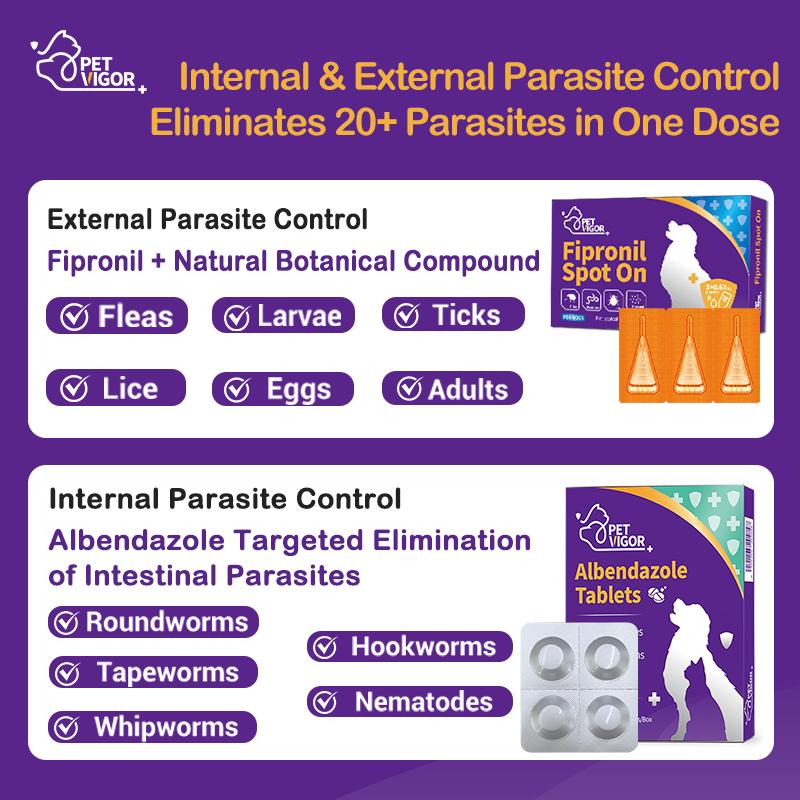【Pet Vigor】 Albendazole Dewormer Tablets Chewables Deworming for Dogs & Cats USA Imported Formula Targets Tapeworms Roundworms Hookworms Parasite Treatment Anti Flea and Tick Treatment Repellent Anti-Flea Anti-Itching