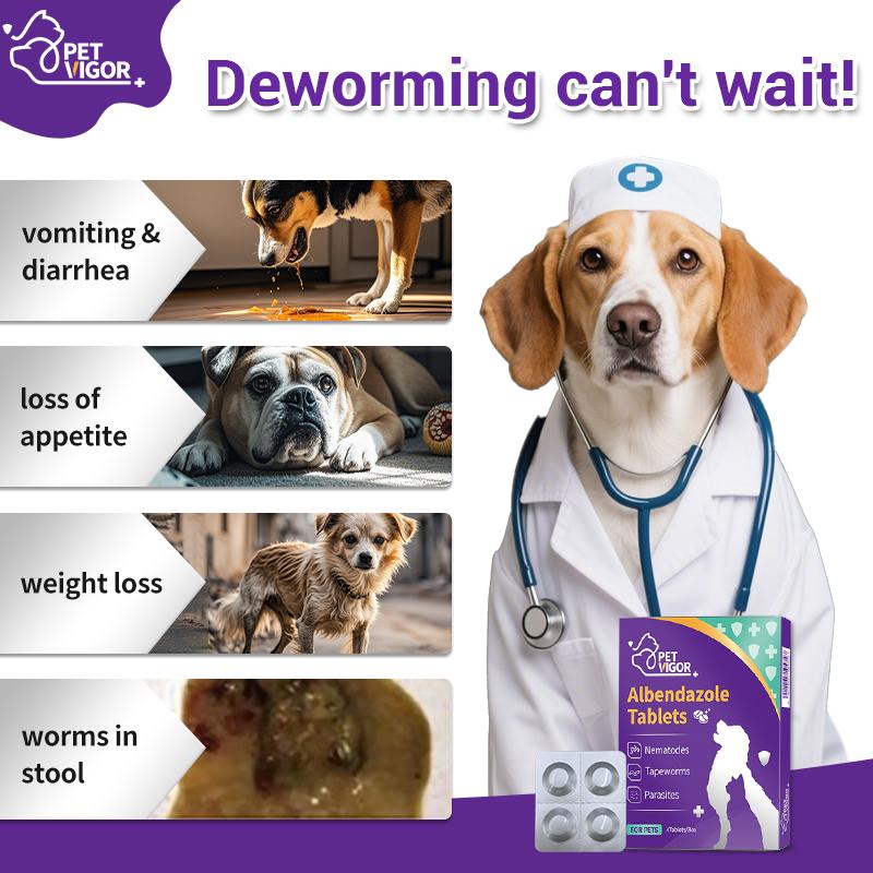 【Pet Vigor】 Albendazole Dewormer Tablets Chewables Deworming for Dogs & Cats USA Imported Formula Targets Tapeworms Roundworms Hookworms Parasite Treatment Anti Flea and Tick Treatment Repellent Anti-Flea Anti-Itching