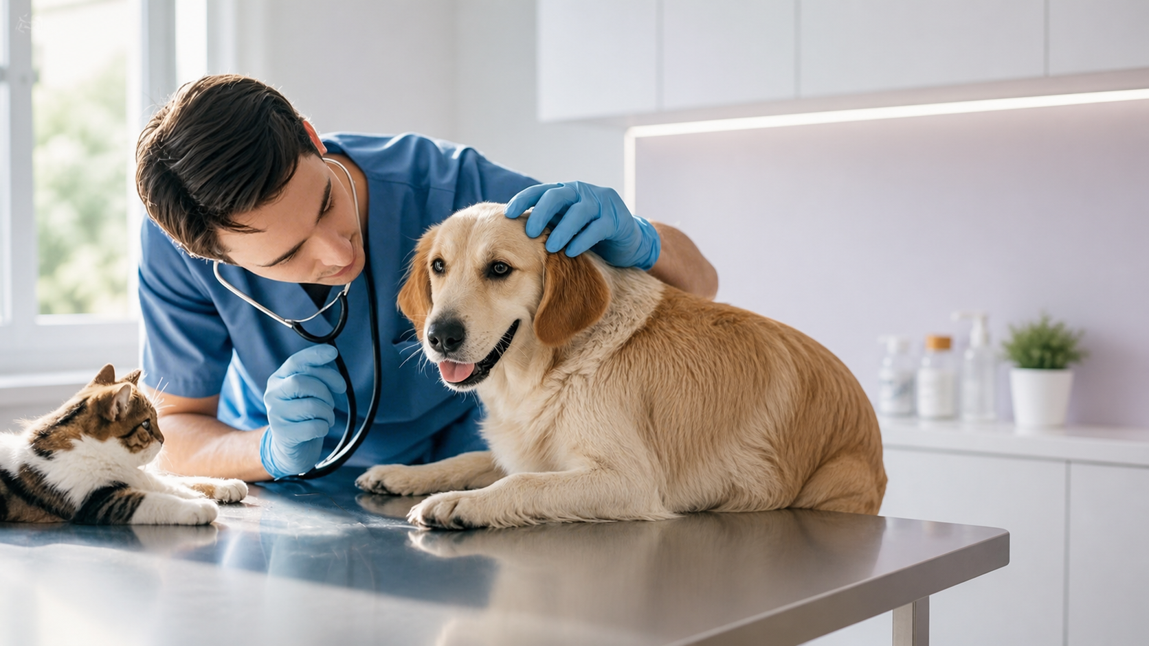 Veterinarian caring for a golden retriever and cat in a bright clinic